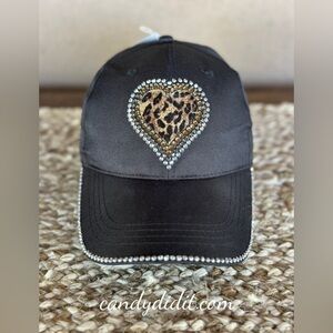 NWT Handmade Black Ball Cap, Animal Print Heart Lined With Crystals